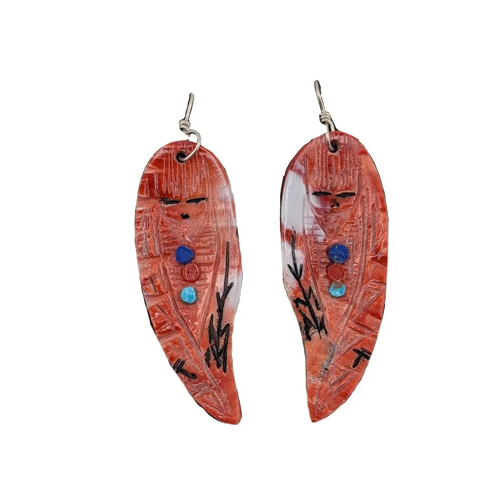 Handmade Native American Earrings Kachina Shell Zuni Pueblo Art by G. Chattin **